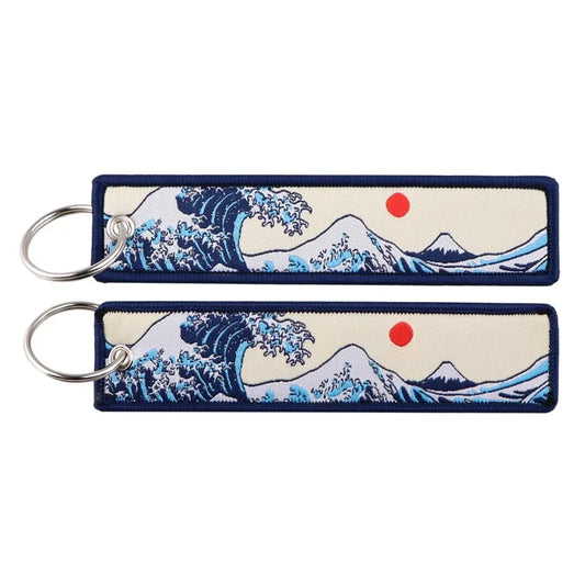 JDM Japanese Waves Art Drawing Embroidery Key Fobs Backpack Key Tags Motorcycles Keychain Keyrings Cosplay
