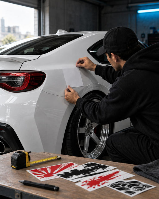 Illustrative garage scene showing a paper template used to plan sticker placement on a parked white coupe.
