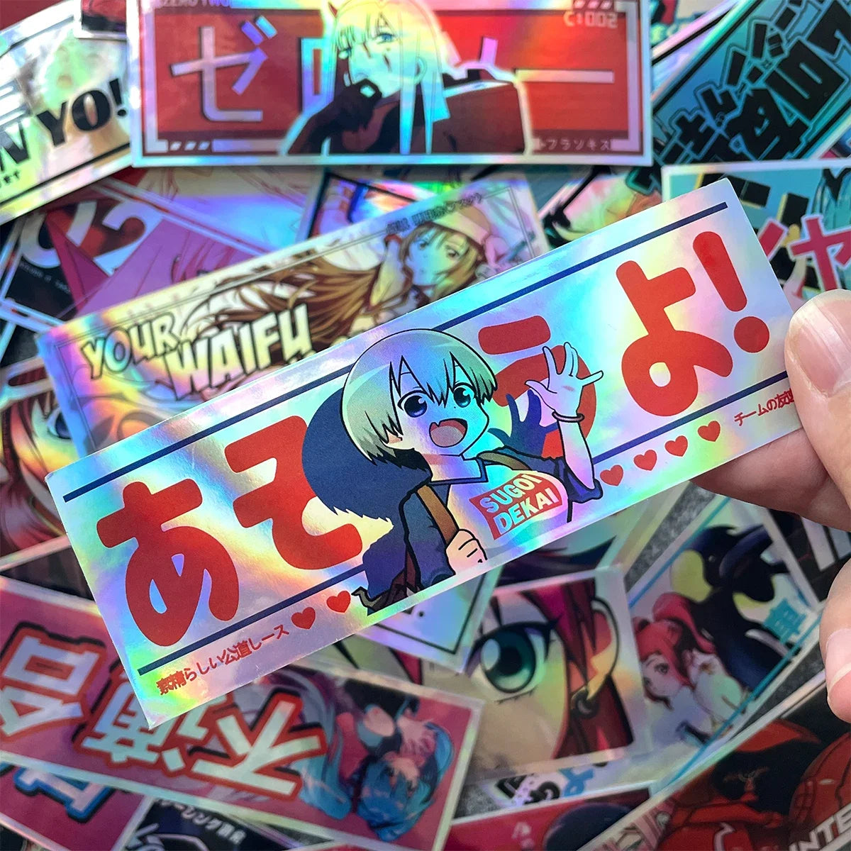 32PCS 12cm Long JDM Anime Girl Laser Rainbow Car Stickers Auto Window Windshield Motorcycle Body Moto Helmet Decals Accessories