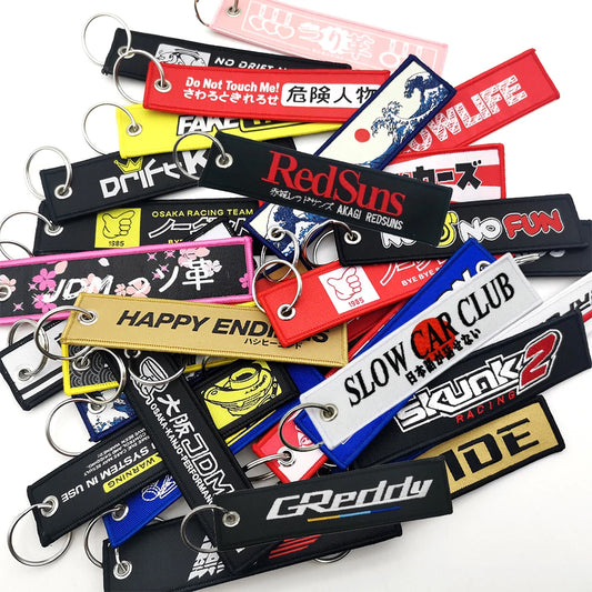 New JDM Keychain Fashion Style Tags Nylon Both Sides Embroidered Short Cloth Rectangle Polyester Auto Holder Charm KeyRing