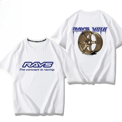 Japan RAYS Wheel Hub Modified Car Jdm Short-sleeved T-shirt Men's and Women's Pure Cotton Half-sleeved Casual Wear Top Versatile