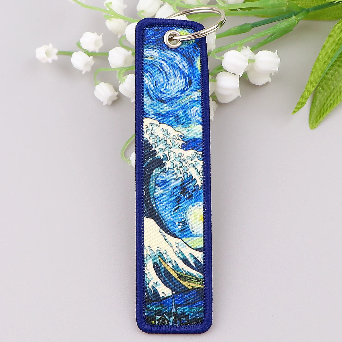 Van Gogh Embroidery Key Fobs Japanese Waves Key Tags Keychain For Motorcycles Cars Key Ring Accessories Jewelry Chaveiro Gifts