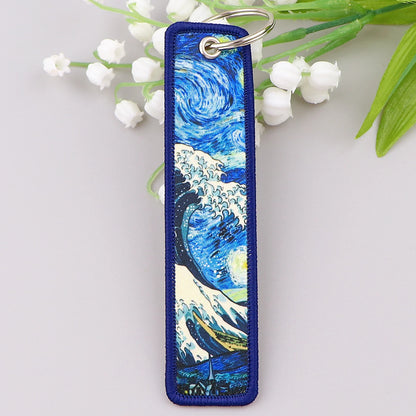 Van Gogh Embroidery Key Fobs Japanese Waves Key Tags Keychain For Motorcycles Cars Key Ring Accessories Jewelry Chaveiro Gifts
