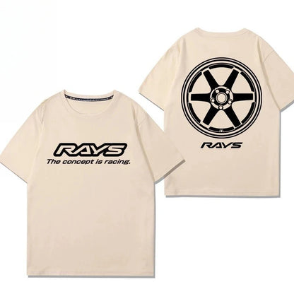Japan RAYS Wheel Hub Modified Car Jdm Short-sleeved T-shirt Men's and Women's Pure Cotton Half-sleeved Casual Wear Top Versatile