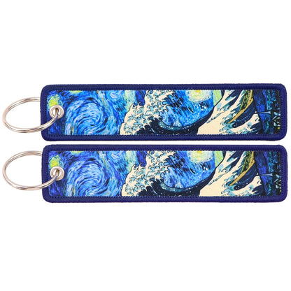 Van Gogh Embroidery Key Fobs Japanese Waves Key Tags Keychain For Motorcycles Cars Key Ring Accessories Jewelry Chaveiro Gifts