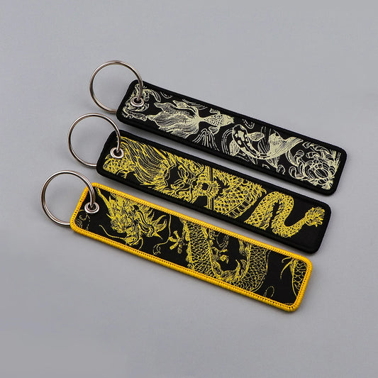 Koi Good Luck Embroidery Key Fobs Cool Dragon Key Tags Keychain For Motorcycles Cars Key Ring Accessories Chaveiro Jewelry Gift