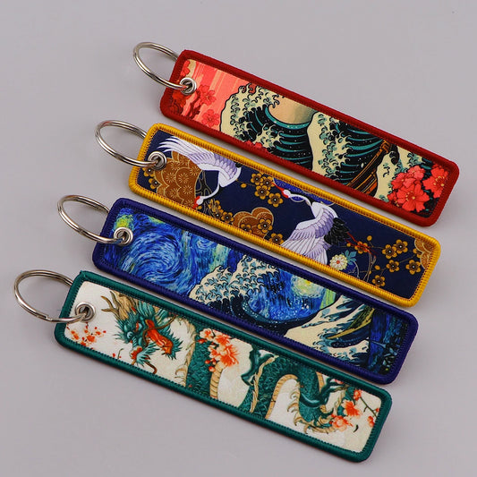 Van Gogh Embroidery Key Fobs Japanese Waves Key Tags Keychain For Motorcycles Cars Key Ring Accessories Jewelry Chaveiro Gifts