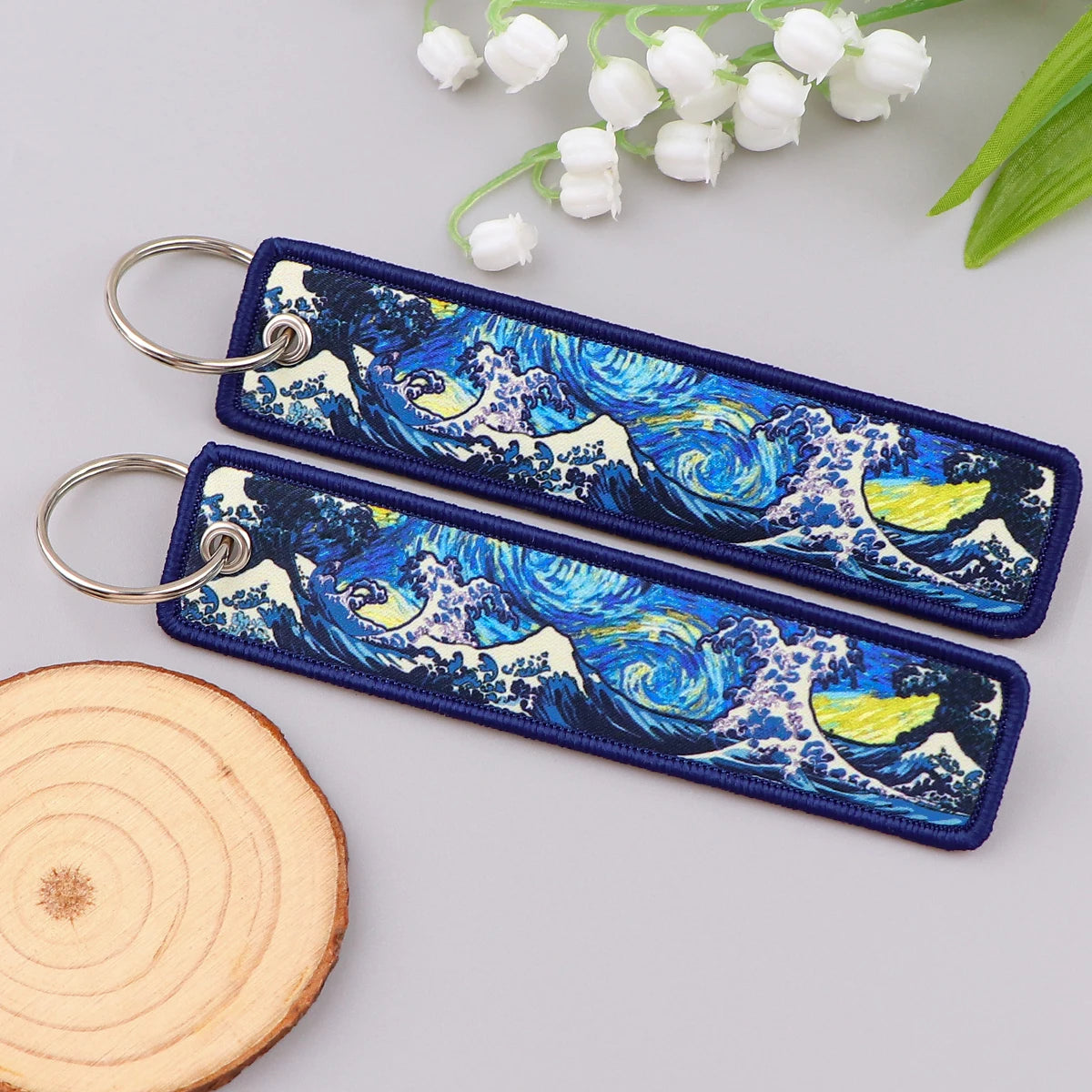 Van Gogh Embroidery Key Fobs Japanese Waves Key Tags Keychain For Motorcycles Cars Key Ring Accessories Jewelry Chaveiro Gifts