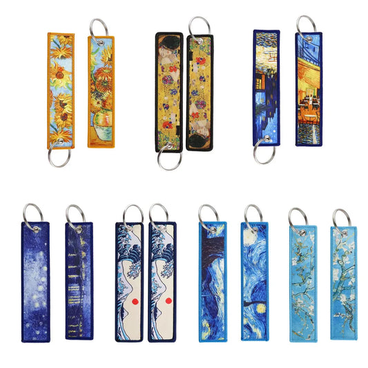 Japanese Waves Art Drawing Van Gogh Embroidery Key Fobs Backpack Key Ring Tags Motorcycles Keychain Cosplay Accessories Gift