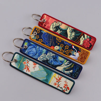 Van Gogh Embroidery Key Fobs Japanese Waves Key Tags Keychain For Motorcycles Cars Key Ring Accessories Jewelry Chaveiro Gifts