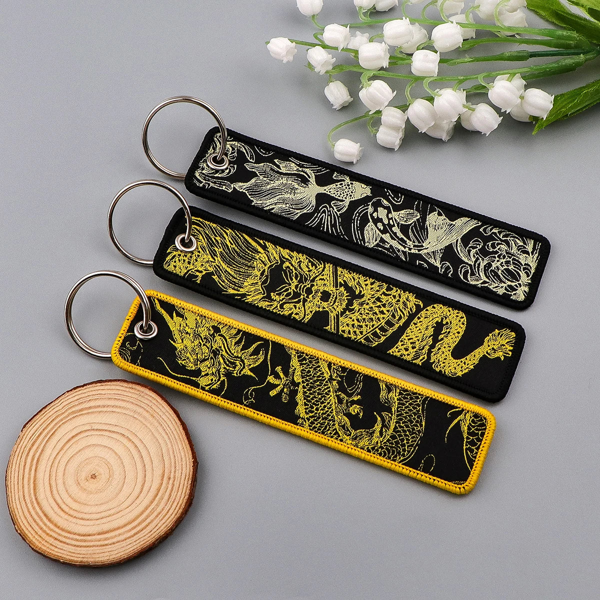 Koi Good Luck Embroidery Key Fobs Cool Dragon Key Tags Keychain For Motorcycles Cars Key Ring Accessories Chaveiro Jewelry Gift