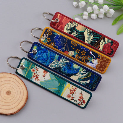 Van Gogh Embroidery Key Fobs Japanese Waves Key Tags Keychain For Motorcycles Cars Key Ring Accessories Jewelry Chaveiro Gifts