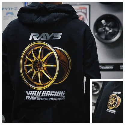 New Autumn and Winter Japan Modified Car JDM RAYS Wheel hub CE28N TE37 RE30 Hooded Sweatshirt Print Outdoor Men Women Pullover