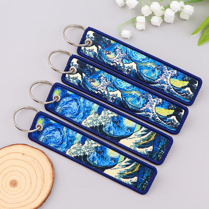 Van Gogh Embroidery Key Fobs Japanese Waves Key Tags Keychain For Motorcycles Cars Key Ring Accessories Jewelry Chaveiro Gifts