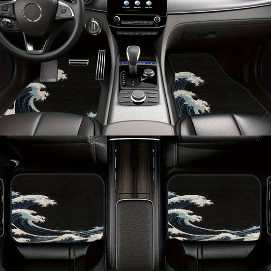 Set Of 4 - Car Floor Mats Featuring Japanese Ukiyoe Designs, Ideal For Vehicles, Suvs, Front And Back Seats, Interior Decor, A V