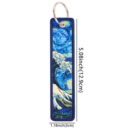 Van Gogh Embroidery Key Fobs Japanese Waves Key Tags Keychain For Motorcycles Cars Key Ring Accessories Jewelry Chaveiro Gifts
