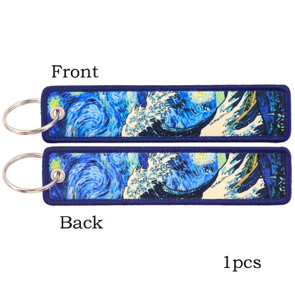 Van Gogh Embroidery Key Fobs Japanese Waves Key Tags Keychain For Motorcycles Cars Key Ring Accessories Jewelry Chaveiro Gifts