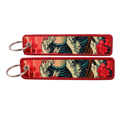 Van Gogh Embroidery Key Fobs Japanese Waves Key Tags Keychain For Motorcycles Cars Key Ring Accessories Jewelry Chaveiro Gifts
