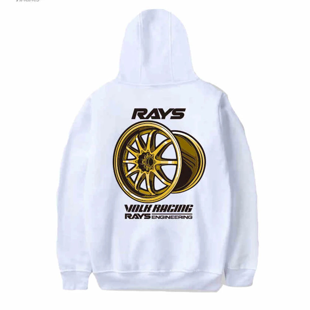 New Autumn and Winter Japan Modified Car JDM RAYS Wheel hub CE28N TE37 RE30 Hooded Sweatshirt Print Outdoor Men Women Pullover