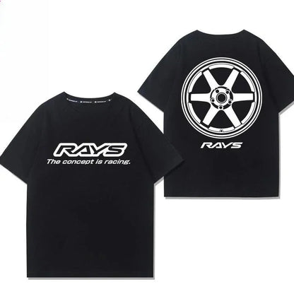 Japan RAYS Wheel Hub Modified Car Jdm Short-sleeved T-shirt Men's and Women's Pure Cotton Half-sleeved Casual Wear Top Versatile