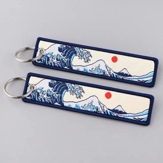 Japanese Waves Art Drawing Embroidery Key Fobs Backpack Key Tags Motorcycles Keychain Keyrings Cosplay Accessories Gift 1PCS New