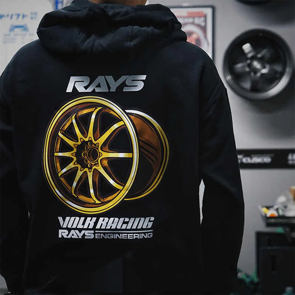 New Autumn and Winter Japan Modified Car JDM RAYS Wheel hub CE28N TE37 RE30 Hooded Sweatshirt Print Outdoor Men Women Pullover