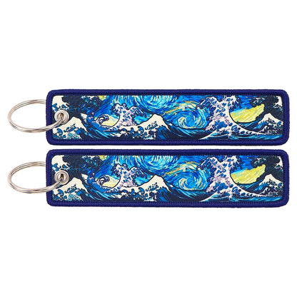 Van Gogh Embroidery Key Fobs Japanese Waves Key Tags Keychain For Motorcycles Cars Key Ring Accessories Jewelry Chaveiro Gifts