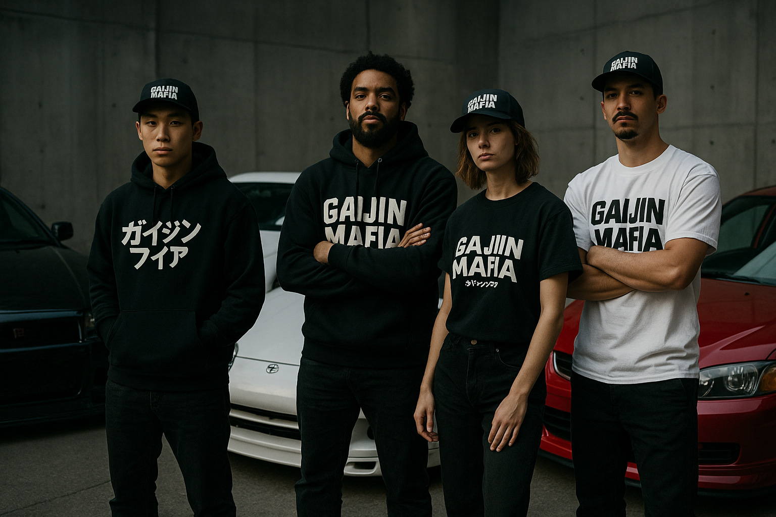 A shot of a crew rocking Gaijin Mafia apparel in front of their cars