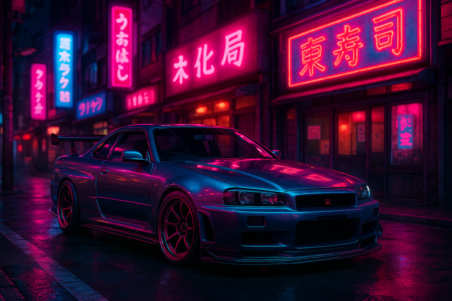 A tuned JDM car (like Skyline GT-R or Supra) drifting or parked under neon signs.