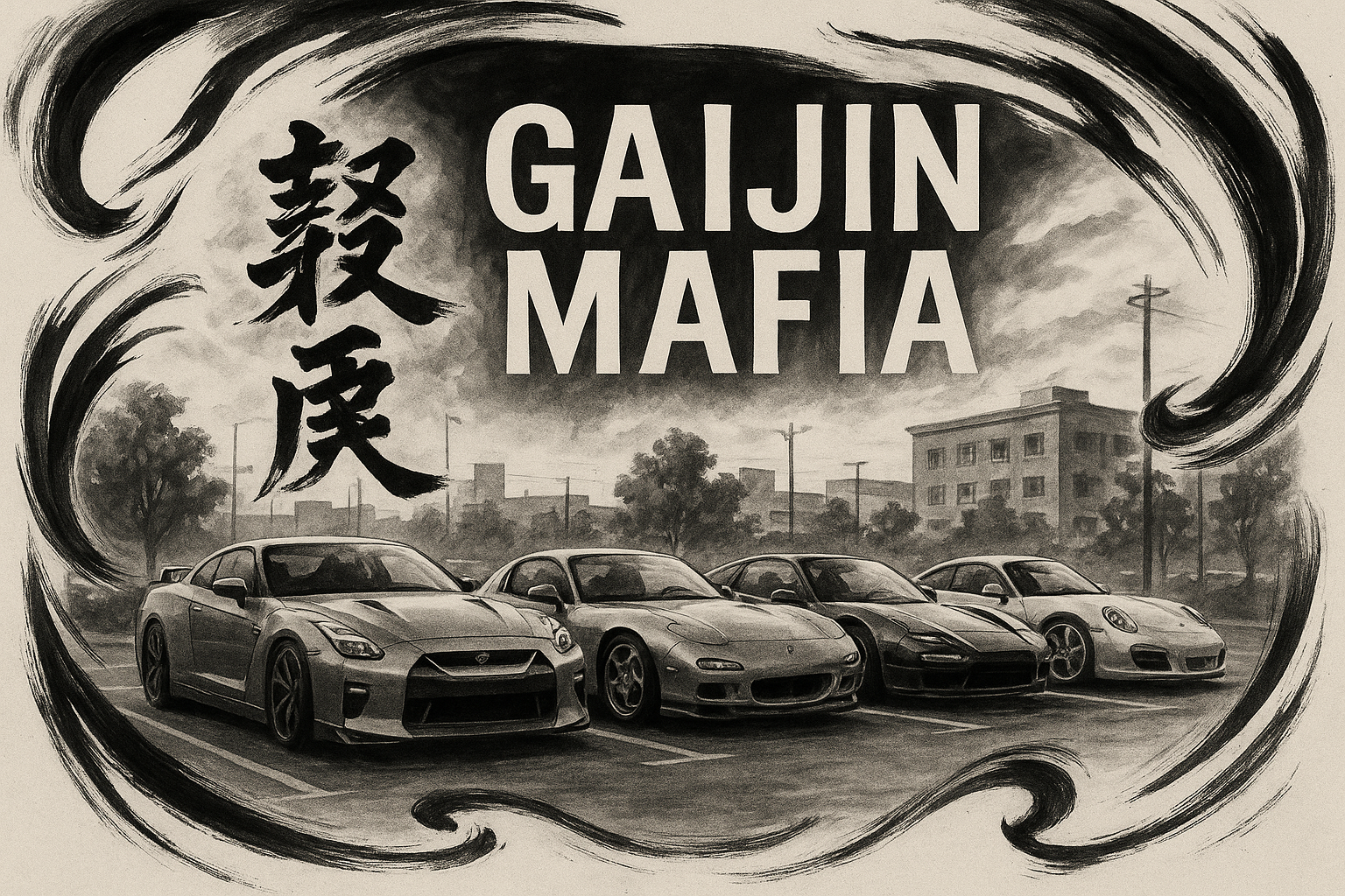 Car meet image and overlay of Gaijin Mafia logo with Japanese brush stroke graphics