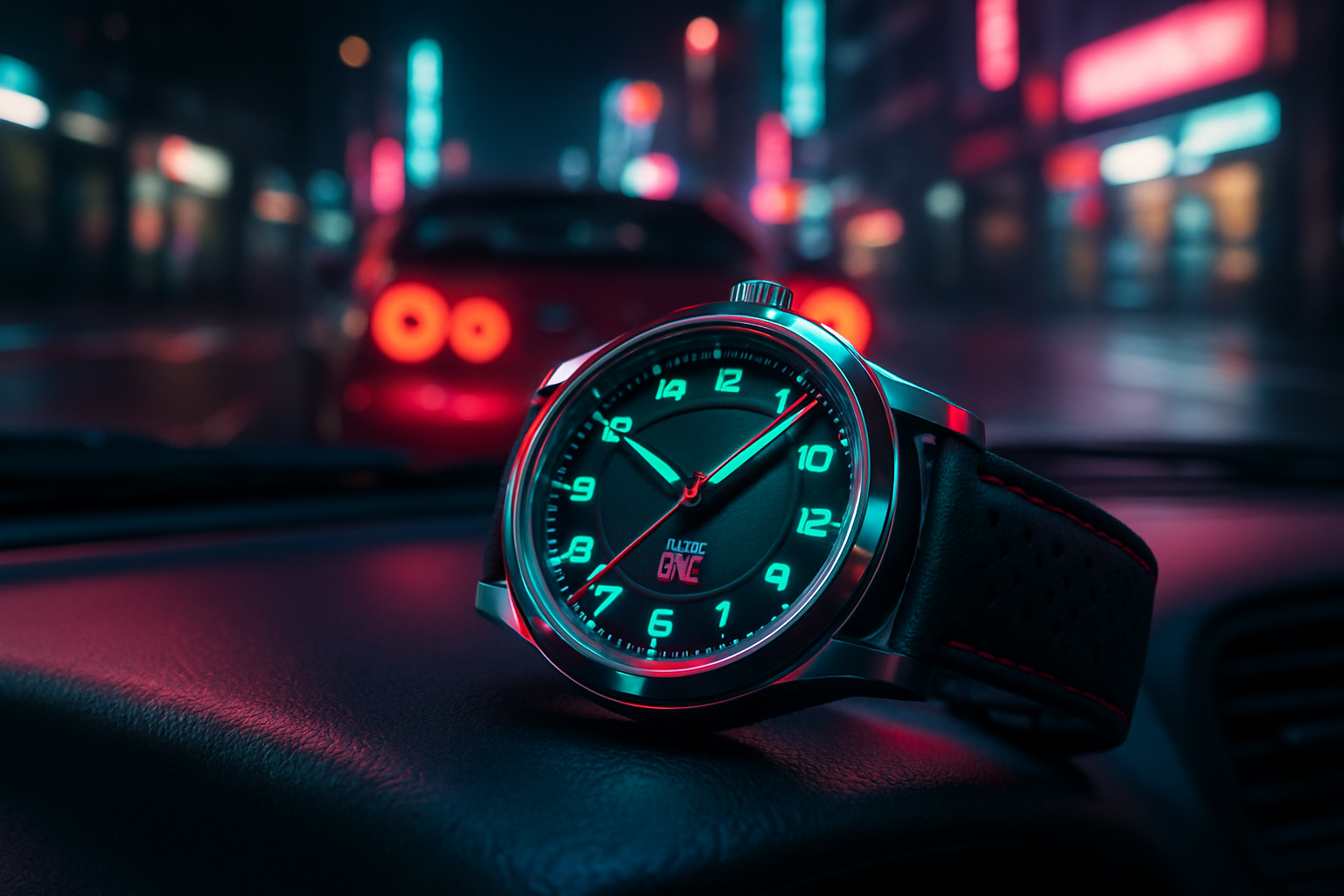 Cinematic close-up video of a sleek JDM-inspired wristwatch resting on the dashboard of a tuned Japanese sports car (like a Nissan Skyline). Neon city lights reflecting off the watch glass, with subtle motion blur of Tokyo streets in the background. Camera pans slowly around the watch, highlighting its polished metal, sporty strap, and glowing dial. Urban underground atmosphere, moody lighting, high-definition, premium lifestyle aesthetic.
