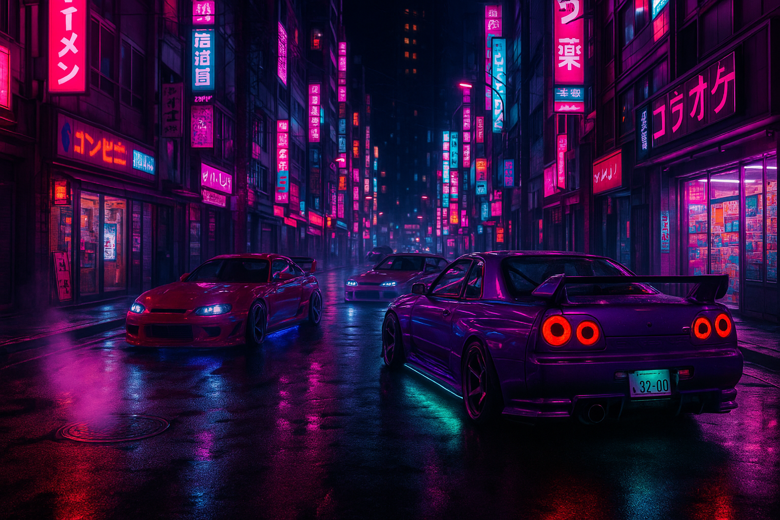 Night Tokyo street with neon lights and tuned cars 